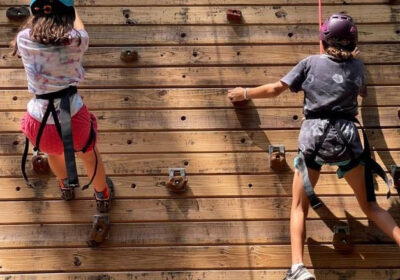 2 kids on the climbing wall